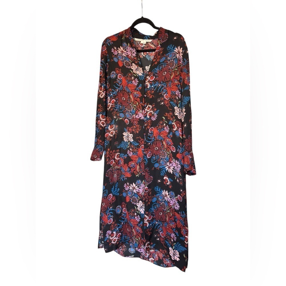 Veronica Beard Leanna Silk Button Front Shirtdress 4 Black Multi Floral Red Blue - Picture 2 of 7
